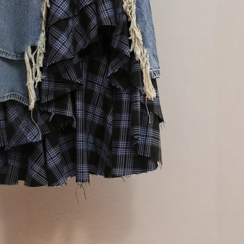 ANJY 秋の新女性ハイエンドファッションフェイクツーピース不規則なデザインスリットデニムスカートオフィスレディシックイン A ラインスカート A12664