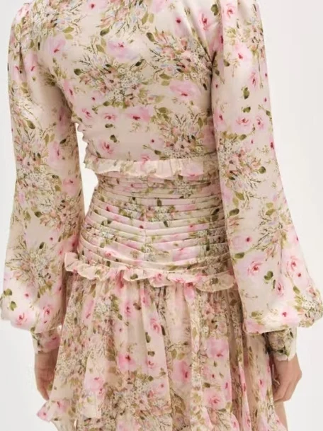 로맨틱 플로럴 레이스 트림 플리츠 웨이스트 V넥 롱 슬리브 섹시 슬리밍 오트 A라인 스커트 프렌치 슬레 캐주얼 여성용...