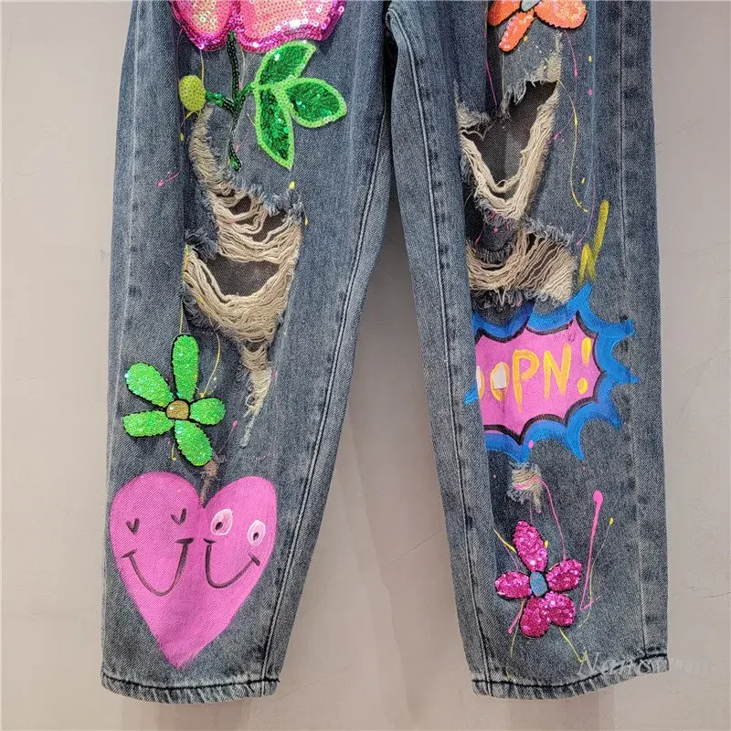 European Street Personalized Jeans Women 2023 Spring and Summer New Beads Ripped Jeans High Waist Loose Straight Denim Pants