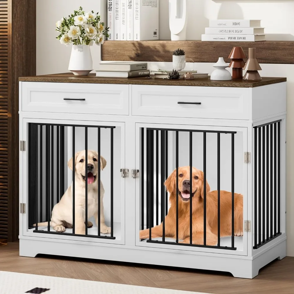 Double Door Dog Cage,47 Inch,Wooden Dog Kennel with Removable Dividers for Large Dogs,Storage Drawers,Large Dog Cage Dogs House