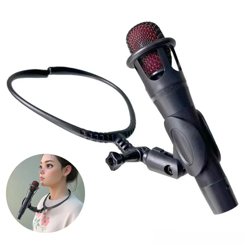

Neck-hanging microphone stand, guitar playing and singing, magician's ventriloquism, host's hands-free, microphone clip