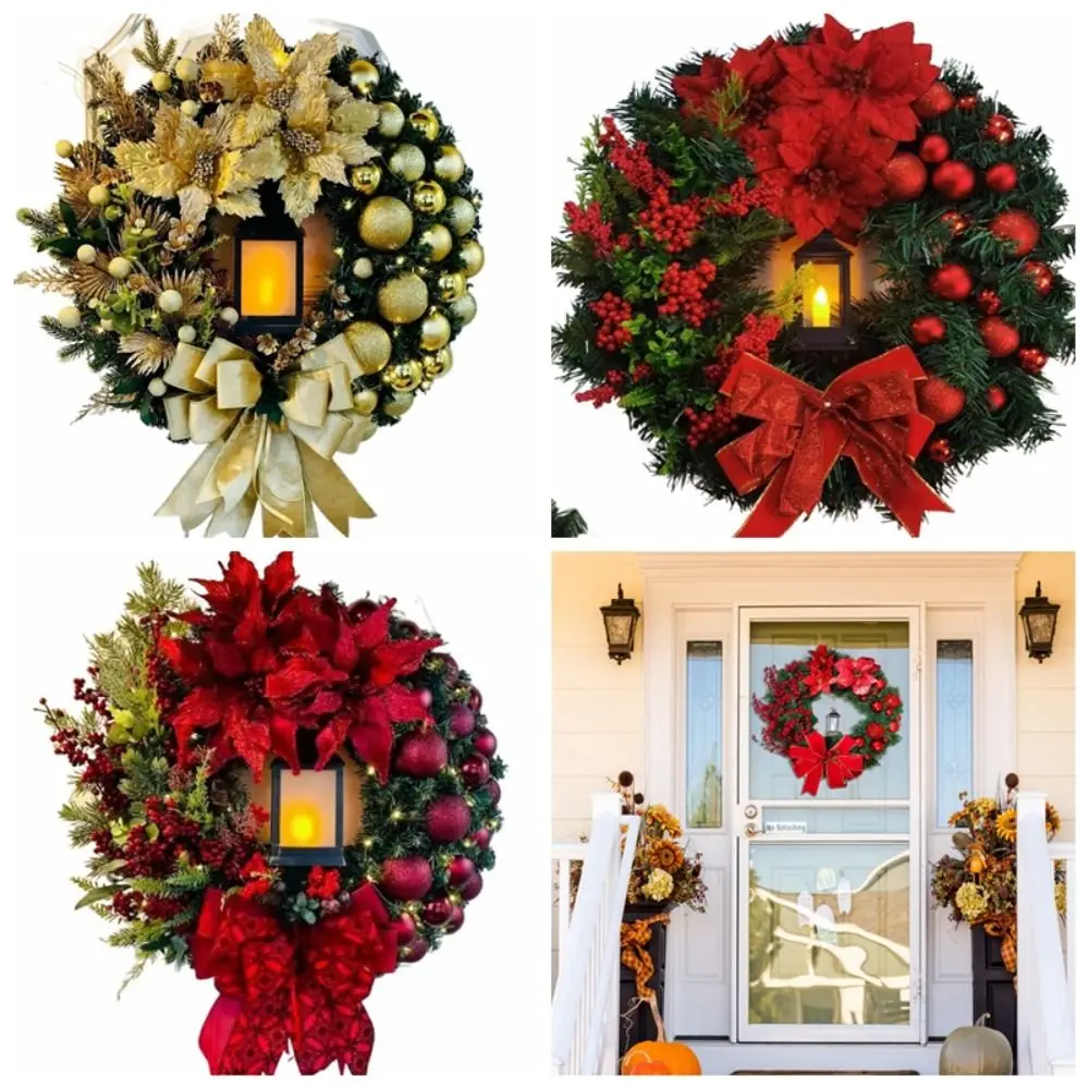 

Настенный рождественский венок с лампой, большой садовый венок, искусственные ягоды, красный бантик, шар, большой красный цветок для стены и двери