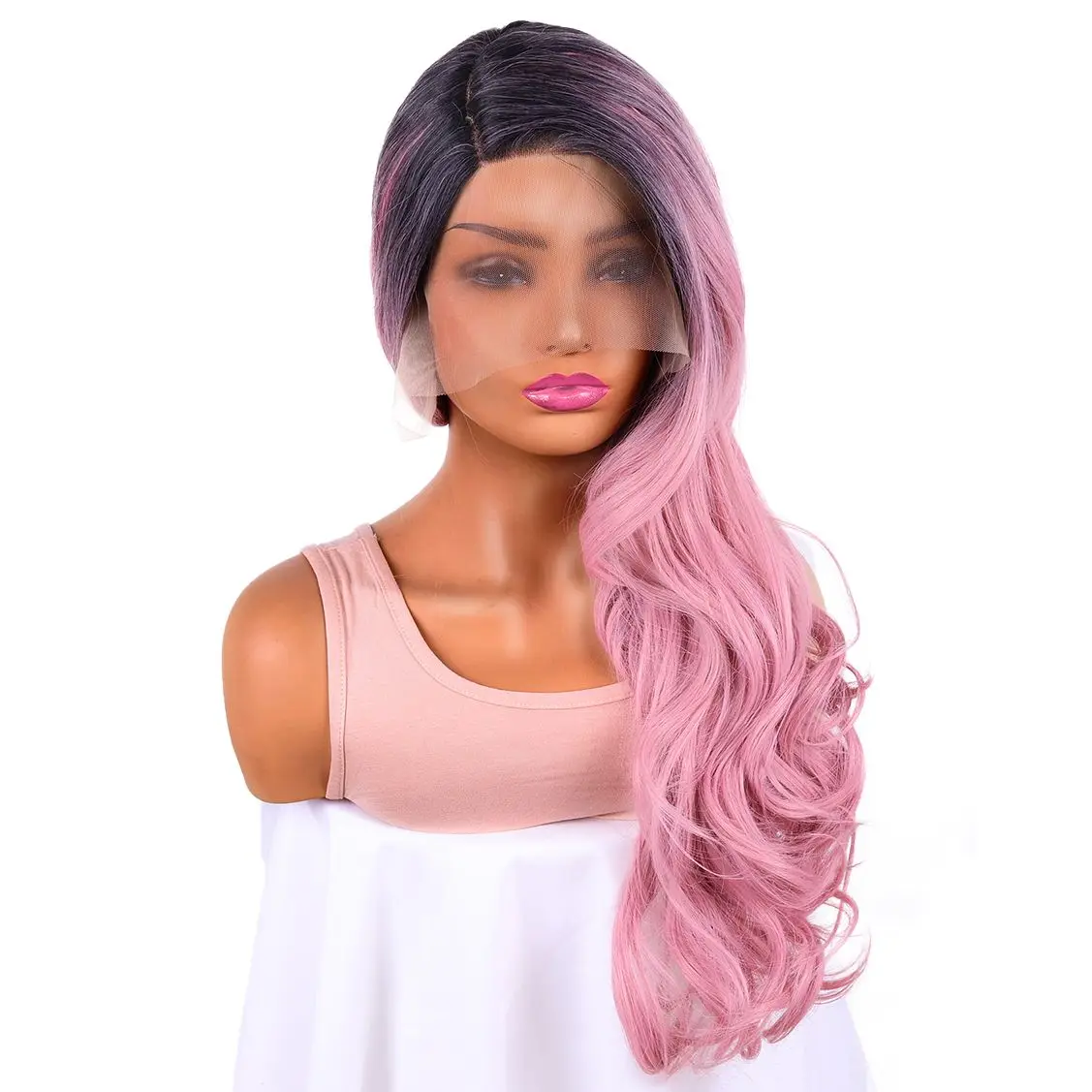

BCHR Long Wavy Pink Lace Front Wig Natural Hairline Heat Resistant Synthetic Hair Wigs for Women