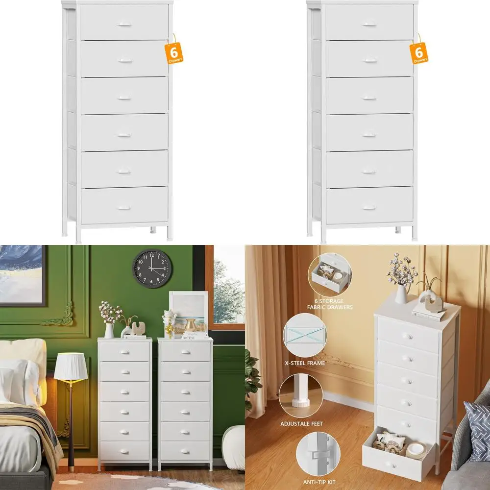 

Elegant White Tall Bedroom Dresser, Vertical Storage Unit, 6-Drawer Fabric End Table, and Drawer Organizer Nightstand for Living