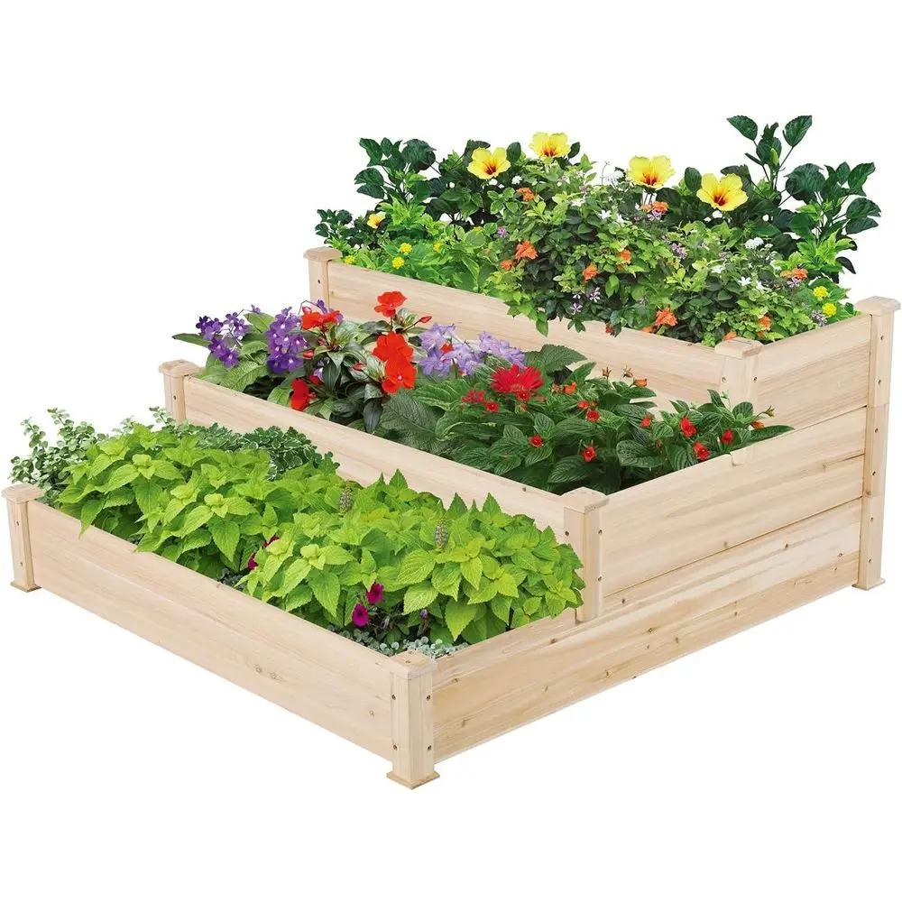 3-Tier 47 x 47 x 22 Outdoor Elevated Garden Bed, Wooden Planter for Vegetables and Plants