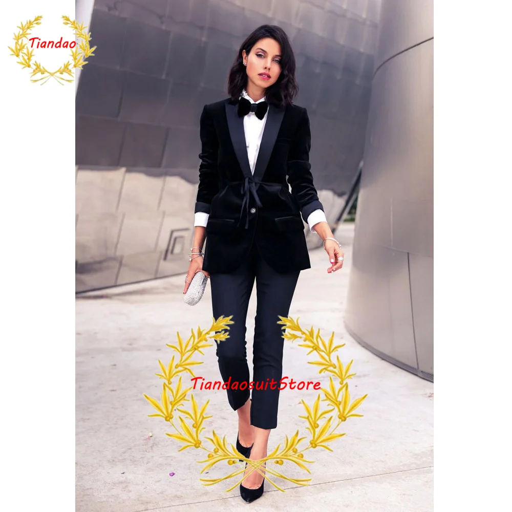 Velvet Women Prom Suits Peaked Lapel Lady Office Tuxedos For Wedding Guest Wear Slim Fit Evening Formal Blazers 2 Pieces Jacket