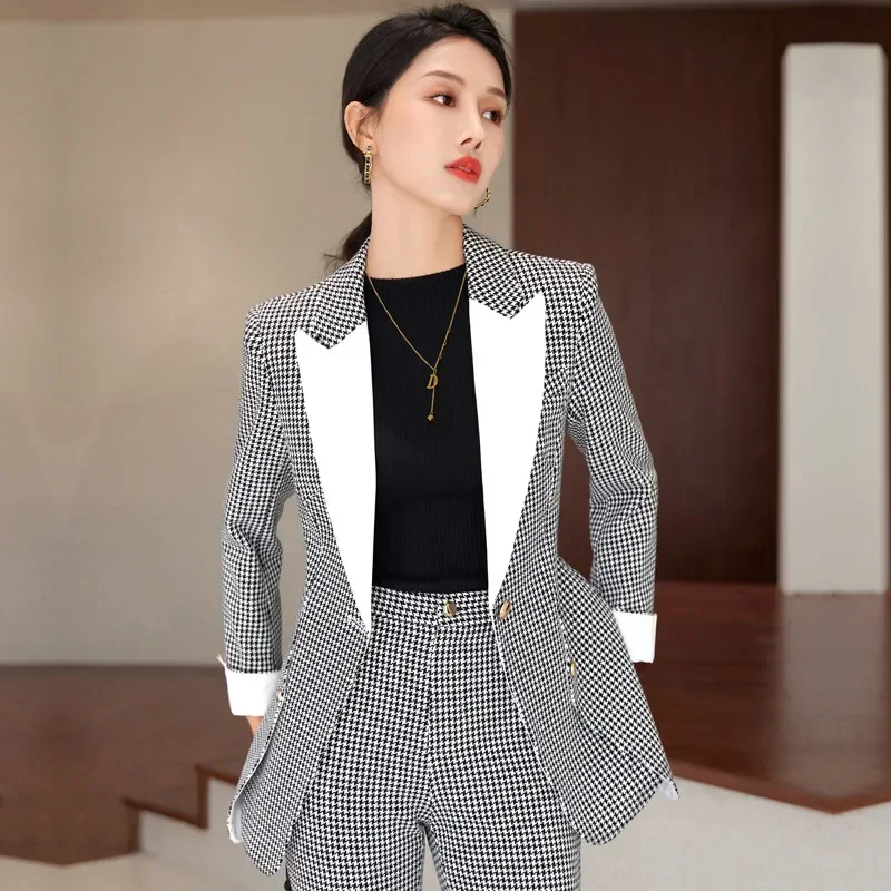 Setelan kotak-kotak wanita 2 potong, Blazer + Celana Houndstooth pakaian kerja kantor Formal wanita bisnis modis mantel celana panjang gaun Prom