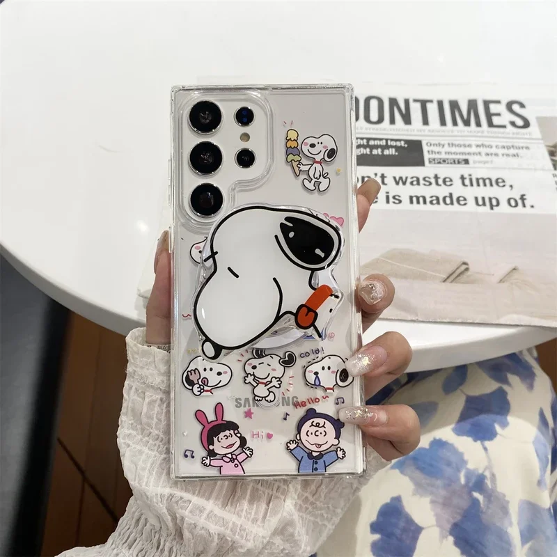 Cute Snoopy Charlie Brown Magnetic Holder Magsafe Wireless Charge Phone Case For Samsung Galaxy S 24 23 22 Puls Ultra Hard Cover