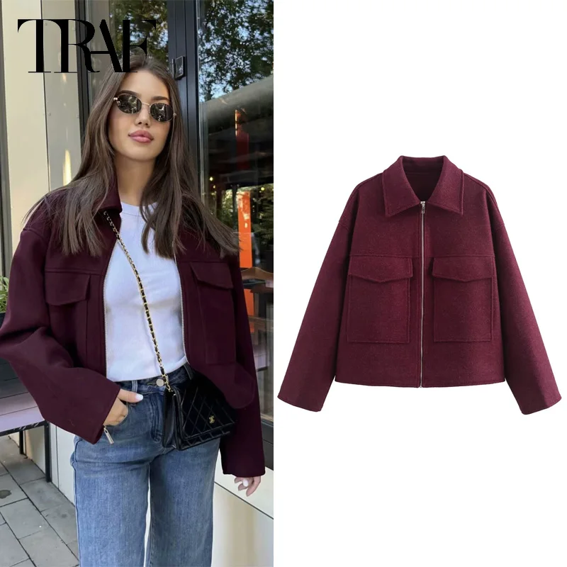 TRAF 2024 Woman Crop Burgundy Jacket Women\'s Jacket Autumn Winter Long Sleeve Zipper Big Pockets Outerwears Elegant Casual Coats