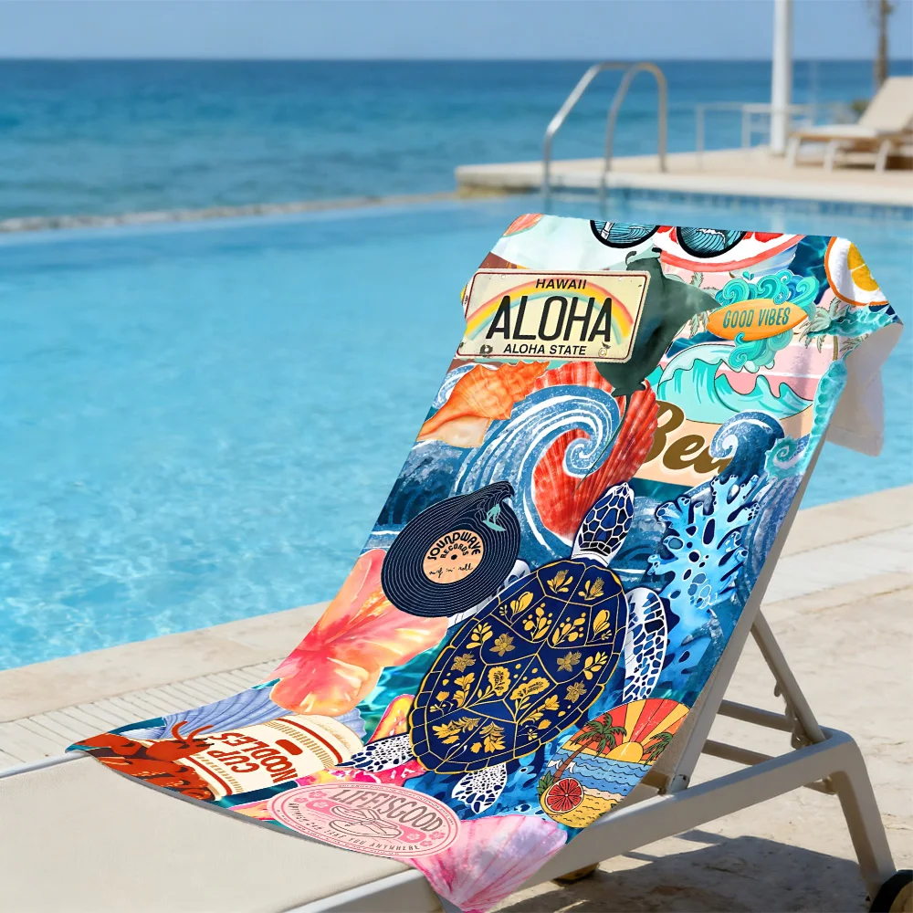 Aloha Hawaii Beach Towel – Oversized Quick Dry Sand Free with Retro Surf & Turtle Print for Tropical Getaways
