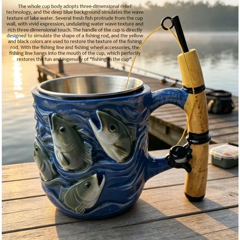Multi-functional coffee drinking cup with resin liner in mug fisherman's dream interesting fishing resin mug