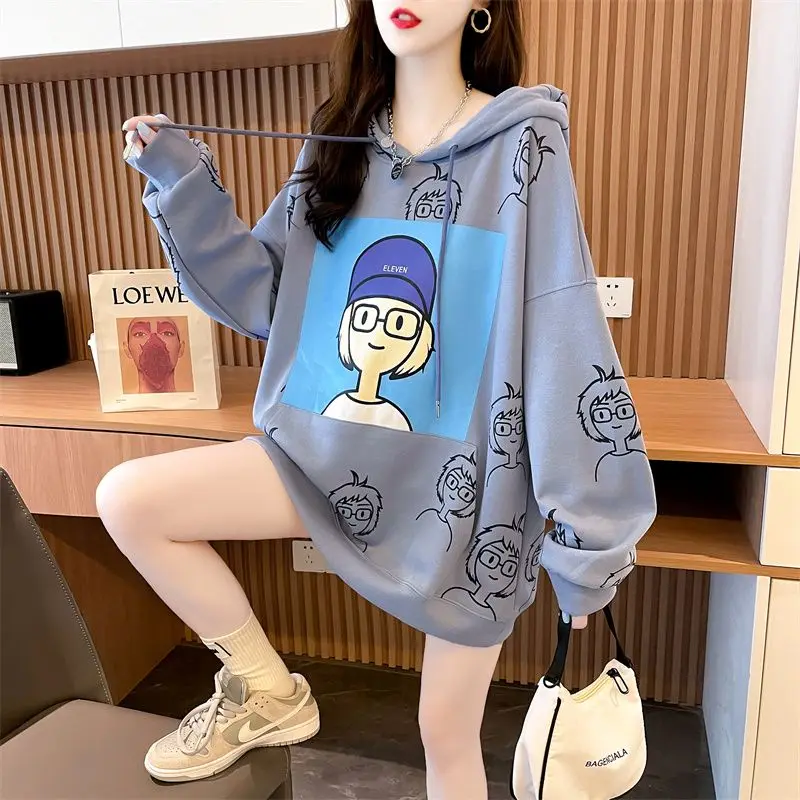 Autumn 2024 New Casual Printing V-neck Long Sleeve Hoodies Women Clothes Trend Loose Shirring Mid Length Top Femme Korean Tshirt