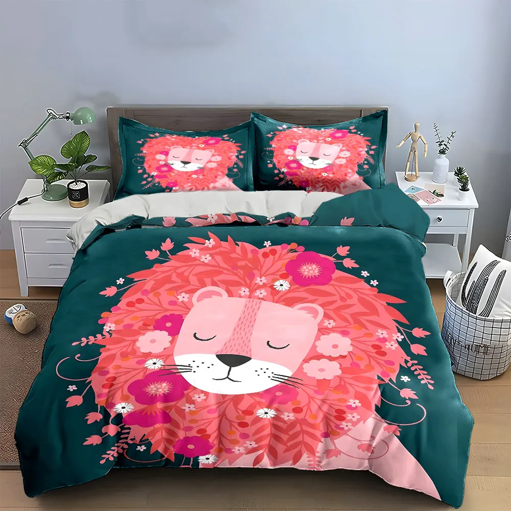Pink Floral Mane Sleeping Lion Duvet Cover Set, Dark Teal Boho Animal Bedding Includes 1 Duvet Cover And 2 Pillowcase, Gift