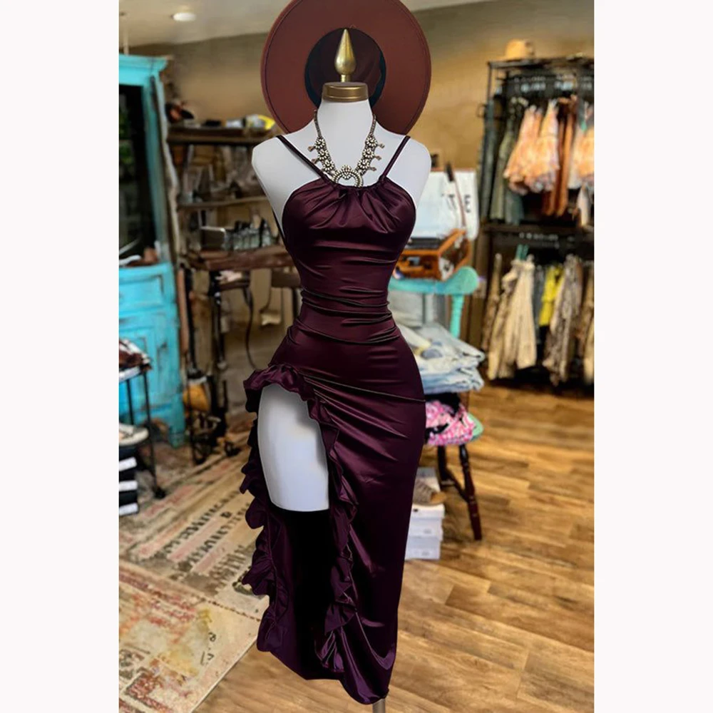 

Sexy Backless Short Evening Dress with High Slit Burgundy Silk Spaghetti Strap Sleeveless Prom Gown for Evening Banquet Party