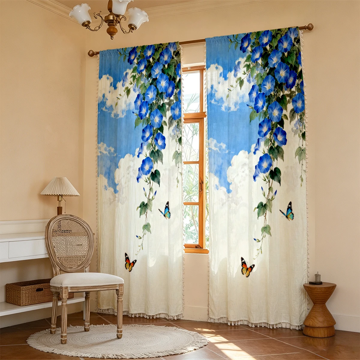 1PC Floral Tassel Sheer Curtain, Blue Morning Glory Butterflies, Digital Print, Linen Polyester, Bedroom Living Room, Home Decor