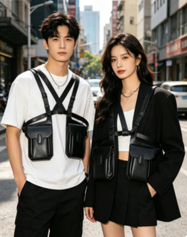 

PU leather close-fitting vest-style bag for men - multi-functional wearable backpack, workwear-style sports chest bags Bolsa sac