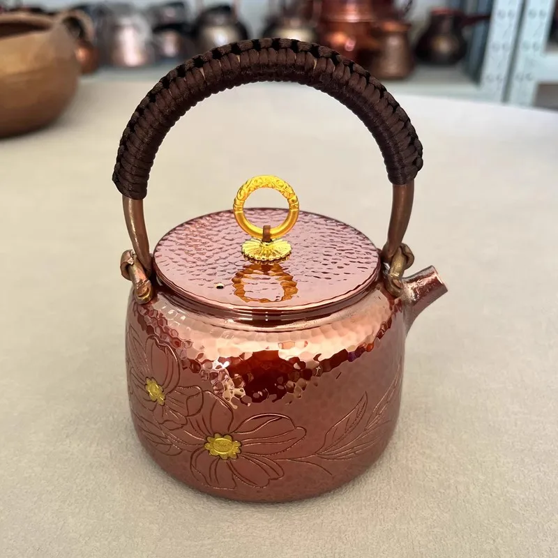 Reines Kupfer, maßgeschneiderter Wasserkocher, seitlicher Griff, Teekanne, Kung-Fu-Tee, kleines geprägtes gemustertes, exquisites Geschenk