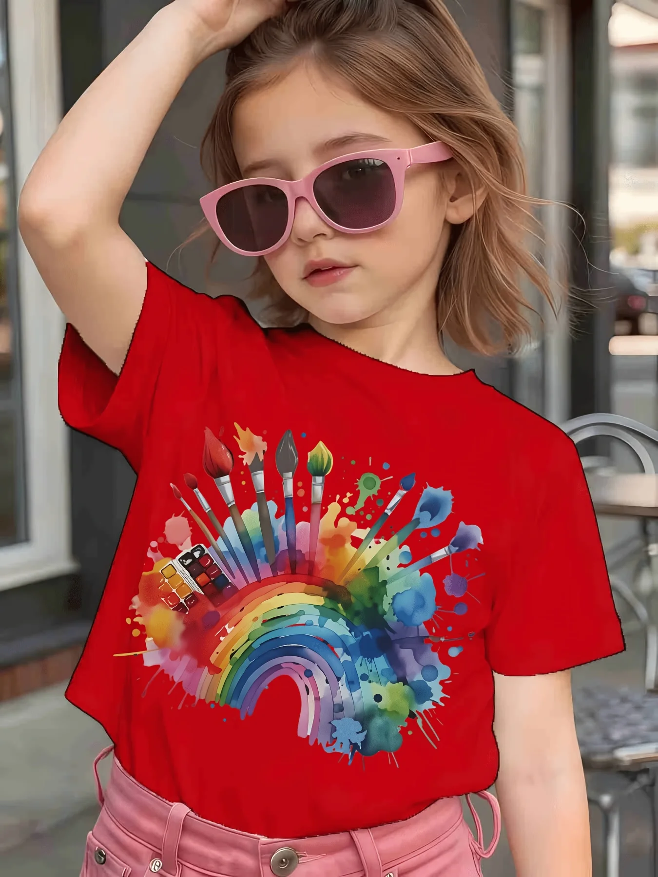 Rainbow Paint Brush Watercolor Splash Print  T Shirt Boys Girls Family Matching Cotton Short Sleeve Casual Tees For Toddler Kids