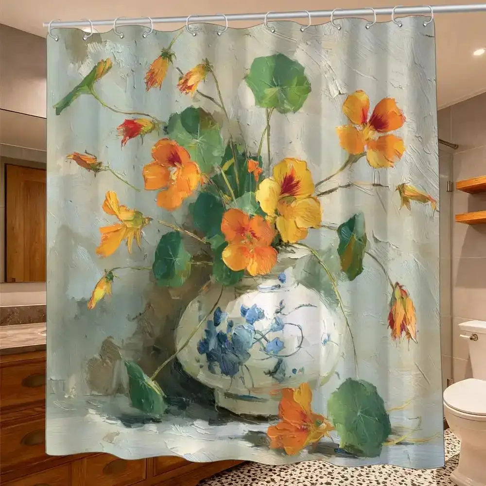 Impasto Floral Shower Curtain – Nasturtium in Blue-White Vase, Oil-Paint Texture, 12 Hooks, 70.87×70.87
