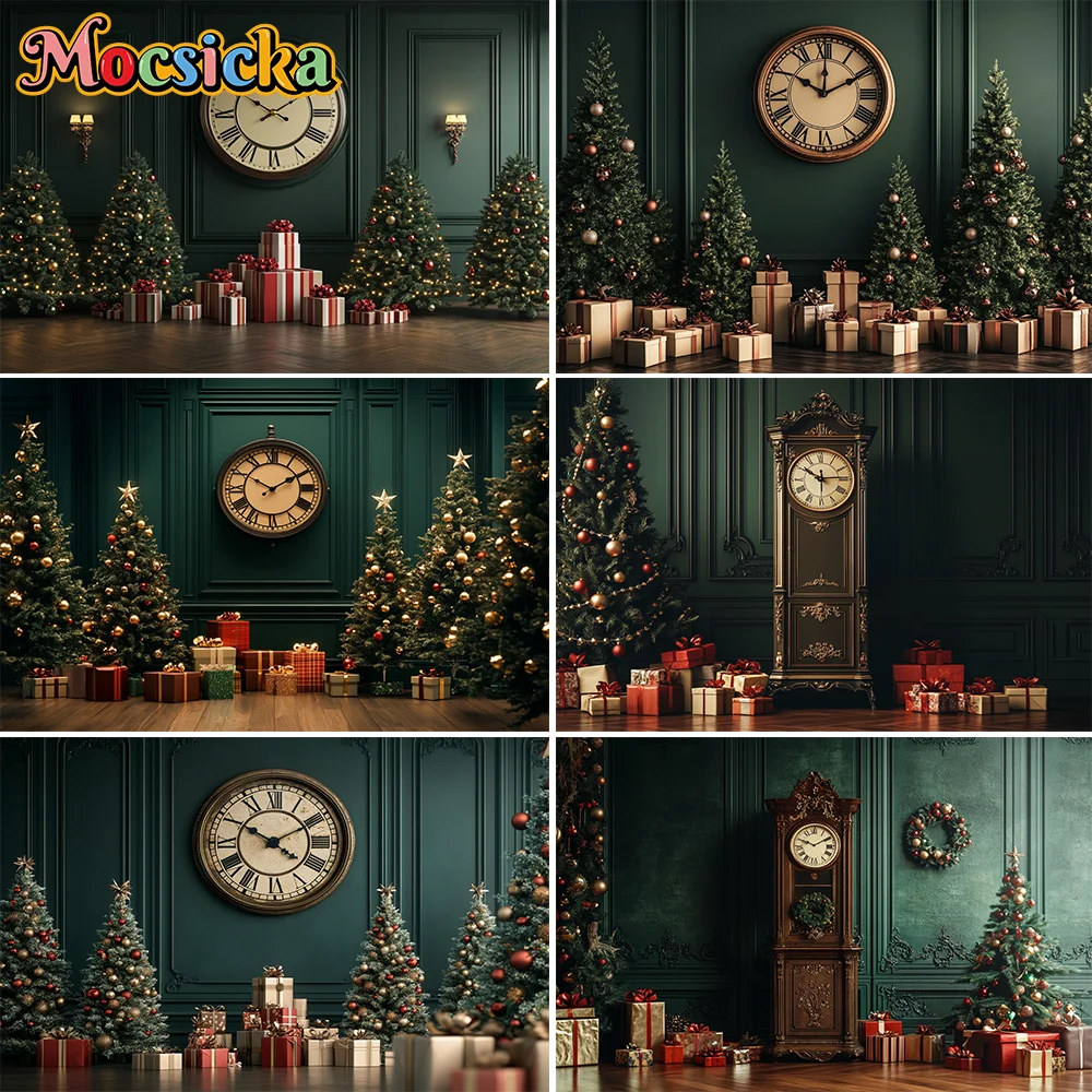 

Vintage European Style Backgrounds for Photographs Big Clock Wreath Christmas Tree Birthday Decorations Holiday Backdrop Decor