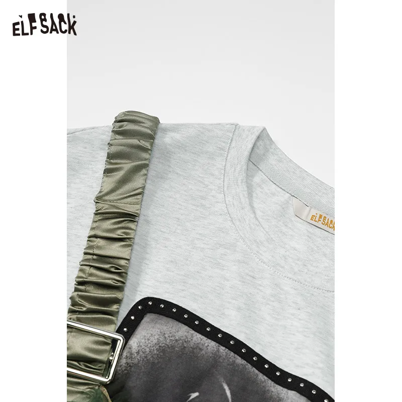 ELFSACK 2025夏新作 スイートクールプリンセスドレスセット メッシュスプライシングプリントTシャツ レディースロングドレス ツーピース