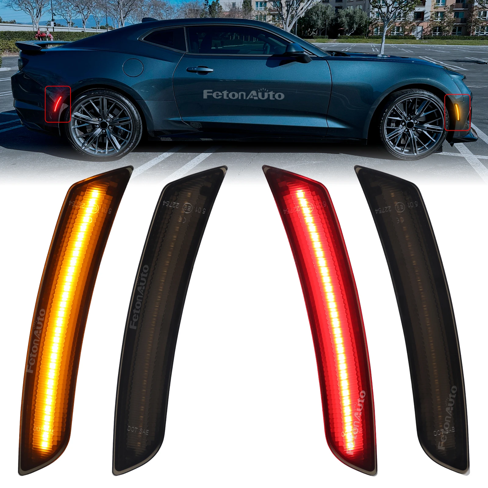 For Chevy Camaro 2016-2023 Smoked Lens Front Amber Rear Red Full LED Car Side Marker Light Kit Wheel Arch Lights 12V