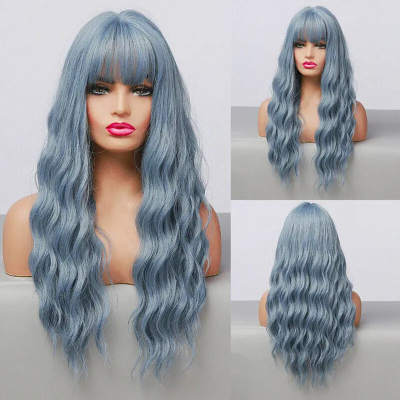 

Long Water Wave Wig with Bangs Fashion Blue Wigs for Women Cosplay Party Synthetic