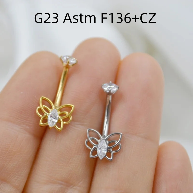 10PCS Body Jewelry-G23 Titanium F136 Butterfly Navel Belly Button Body Piercing 14G CZ Navel Curve Barbells Rings New