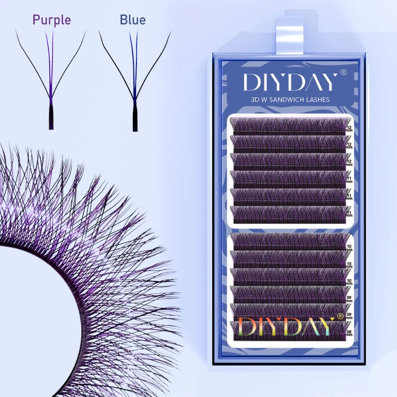 Diyday colorido 3d em forma de w extensão de cílios 3d sanduíche colorido falso vison cílios azul roxo dicas 3d w cílios postiços