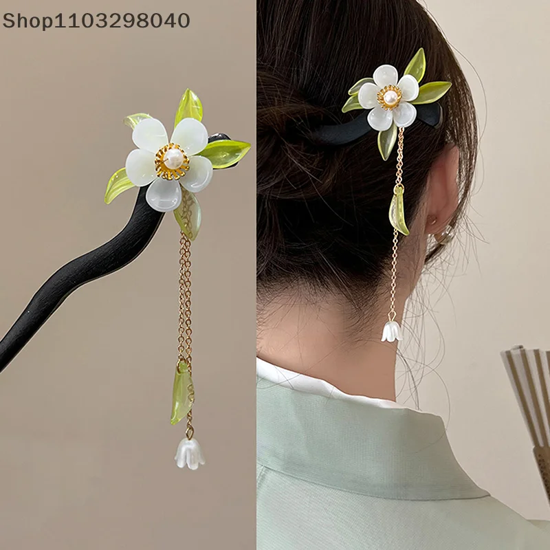 Palitos de cabelo de pavilhão luminoso estilo chinês para mulheres e crianças – grampos de cabelo retrô de metal e madeira com borla de flores, acessórios de cabelo