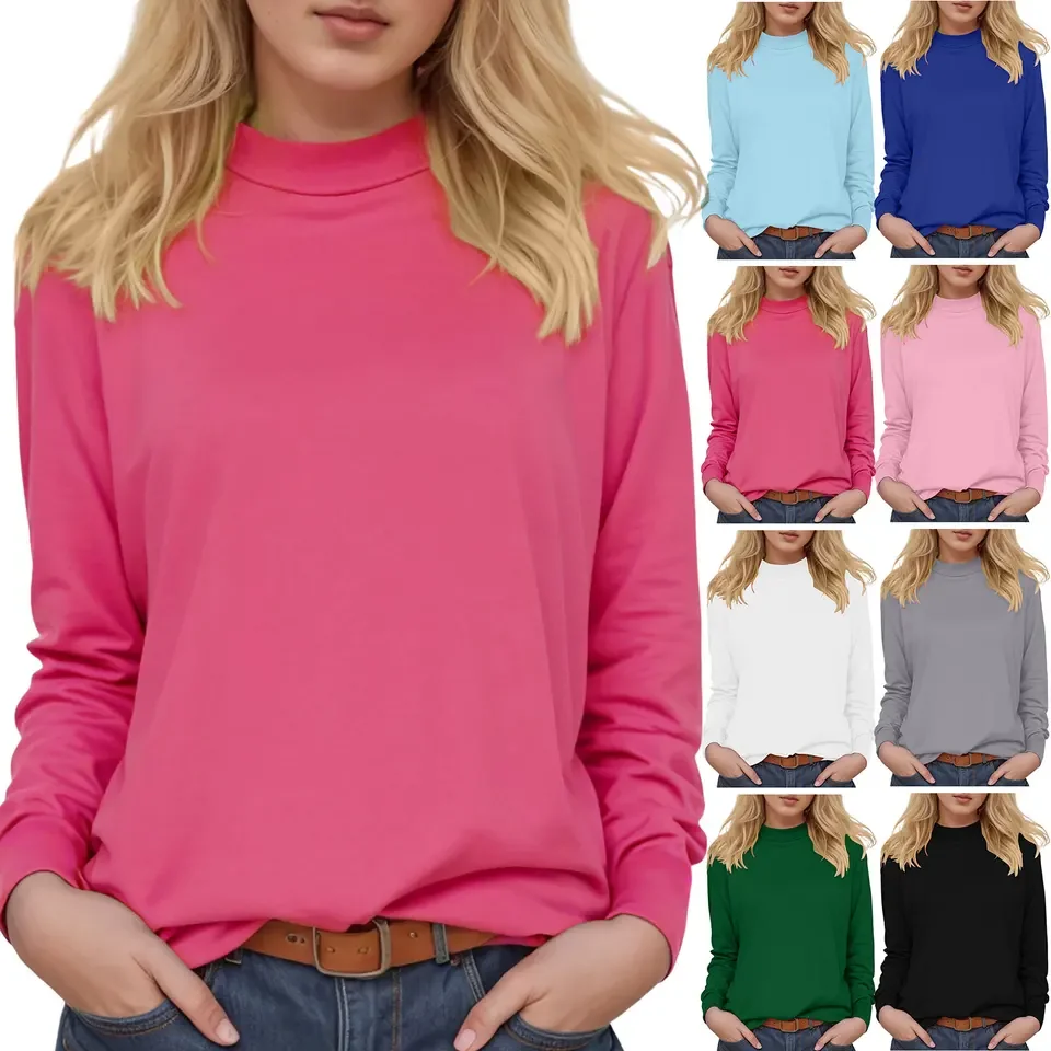 

Womens Casual T Shirts Long Sleeve Tunic Tops Basic Tees Spring Autumn Loose Fit Pullovers Female Solid Color Bottoming Shirt