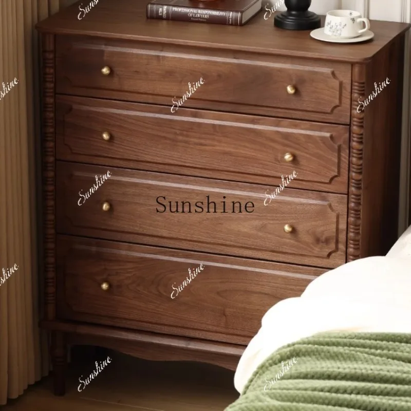 

French Vintage Black Walnut Four Bucket Bedroom Drawer Storage Living Room Cabinet FT