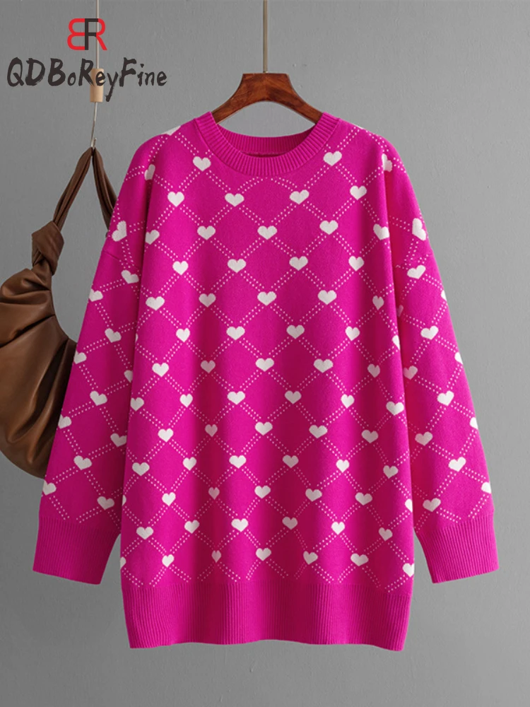 Women\'s Oversized Long Sweater Autumn Office Pink Heart Printed Knitted Jumper Long Sleeve Tops Pullover Winter Sweaters Woman