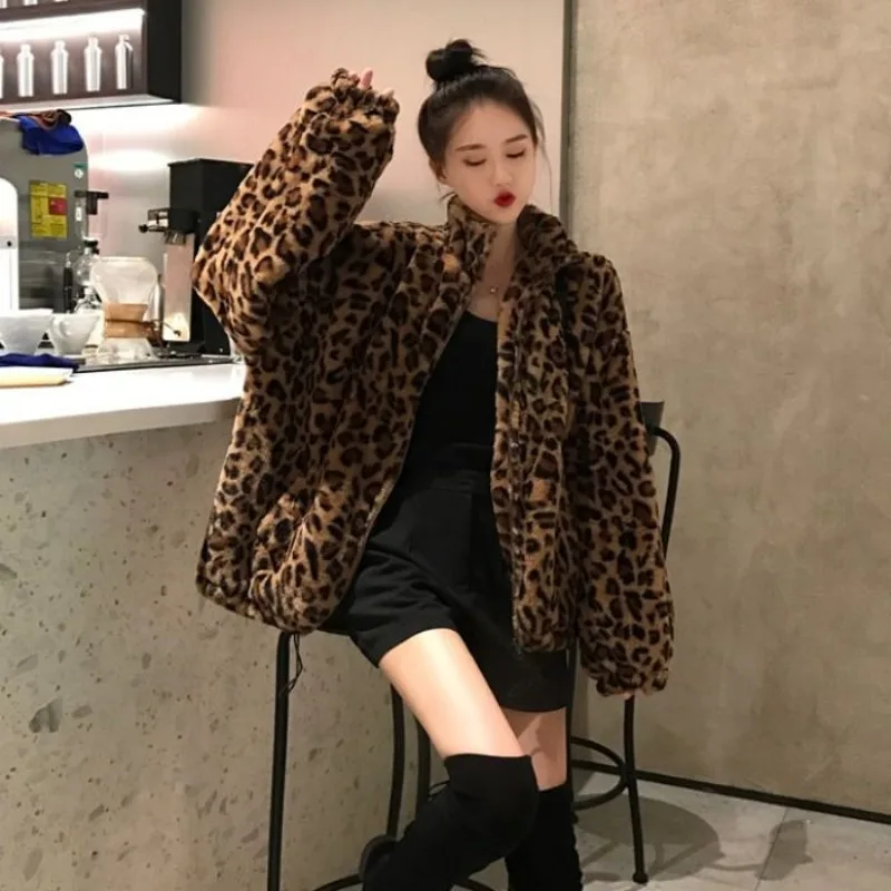 Leopard print mink velvet jacket women's trendy ins 2024 winter new Korean version loose foreign style stand collar jacket