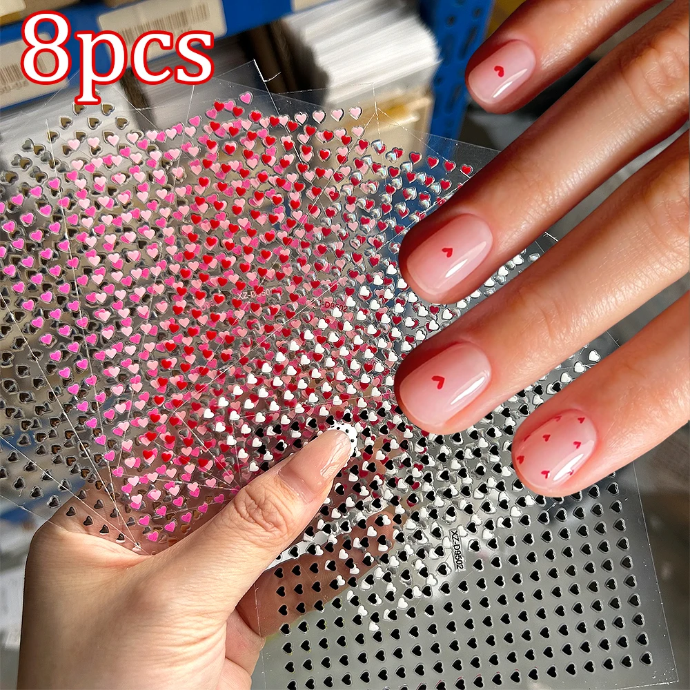 8 pegatinas coreanas para uñas con pequeños corazones, mini calcomanías blancas y rosas de estilo francés para bordes, deslizadores de uñas brillantes con corazones irregulares.