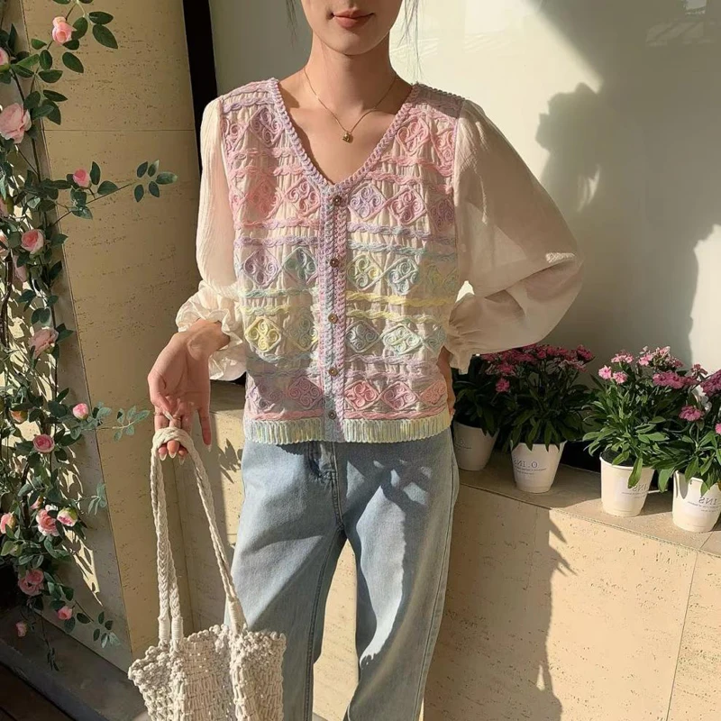 Boring Honey Gradient Hollow Knit Cardigan Jacket Wear Chic T-Shirts Women Early Spring Fashion Versatile Long-Sleeved Tops