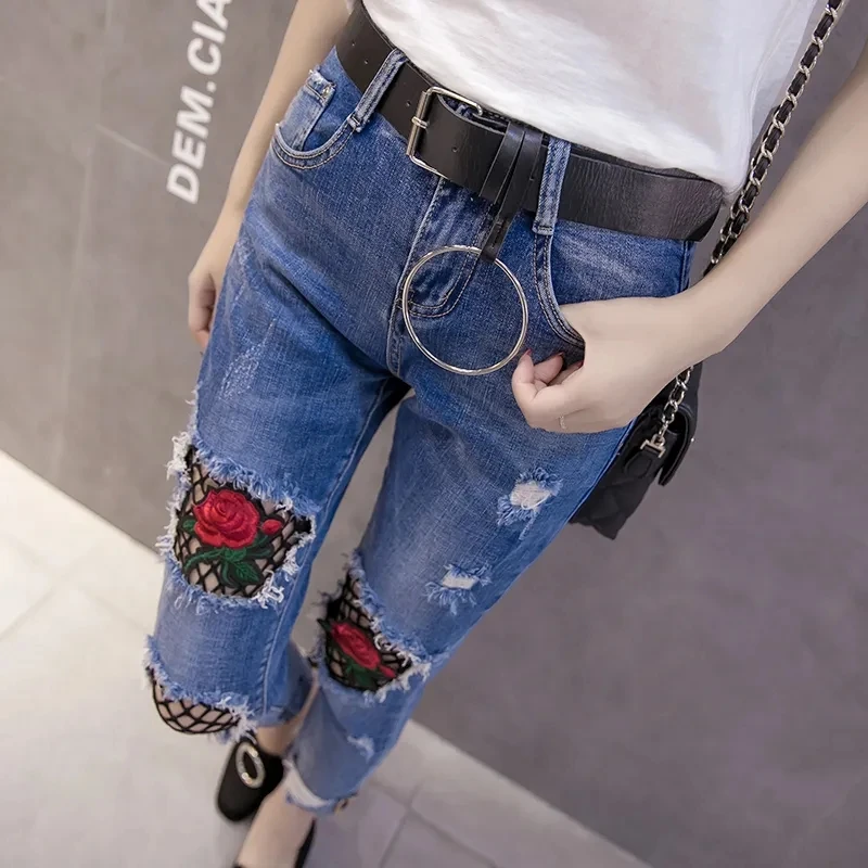 Spring Summer New Broken Rose Mesh Hole Jeans Women's Slim Beggar Pants Ankle Length Stretch Denim Pants Femme Pencil Jeans 1160