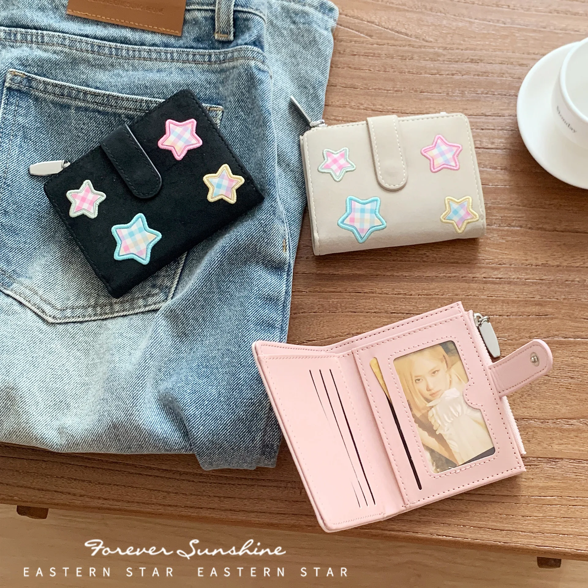 Cute Plaid Star Embroidery Short Wallet Women PU Leather Zipper Card Holder Multi‑Card Slots Coin Purse Portable Clutch Wallet S