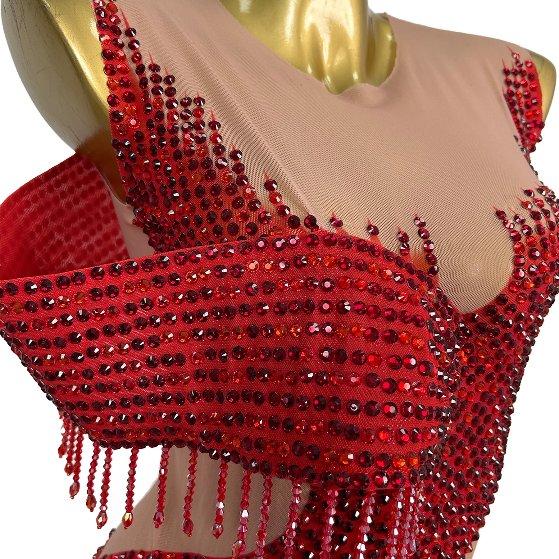 Hongmulan Luxury Women Evening Gown Sparkling Red Rhinestone See Through Mesh Split Skirt Wedding Banquet Birthday Prom Gown