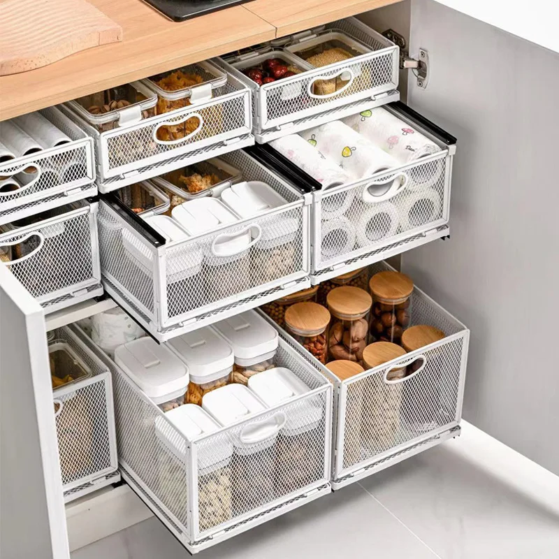 Pull-Out Folding Storage Basket Kitchen Condiment Bottle And Jar Storage Rack Drawer Storage Basket In Cabinet