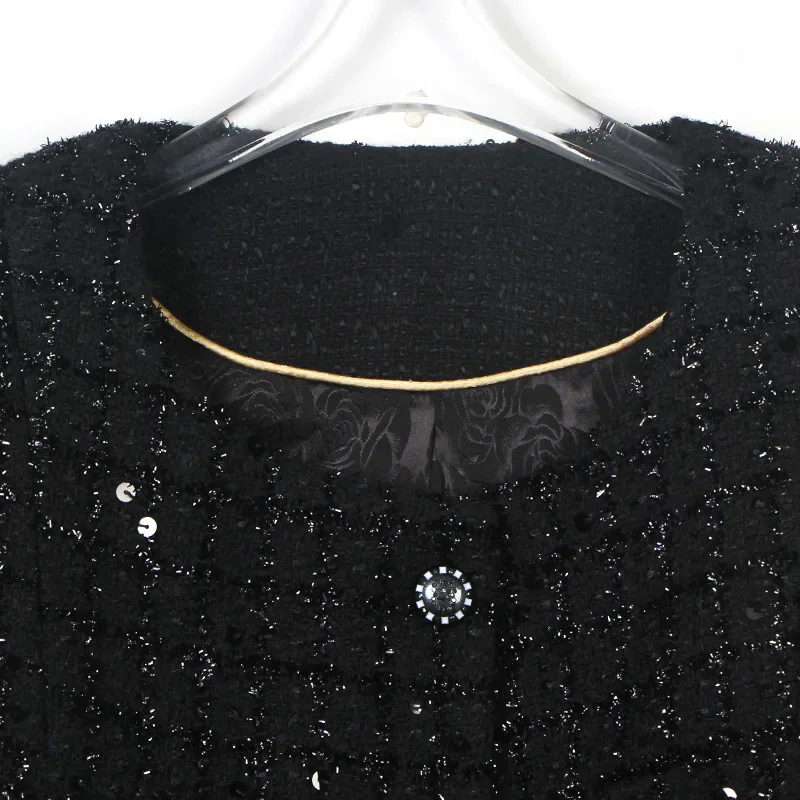 Black Sequins Wool Tweed O Neck Short Coat Small Fragrance Casual Fashion Pockets Korea Chic Daily Women Jacket Autumn Winter