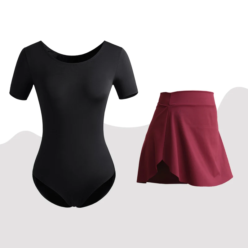 Women Ballet Leotard Team Basic Gymnastic Leotard Classics Black Short Sleeve Leotard and Skirt Combo