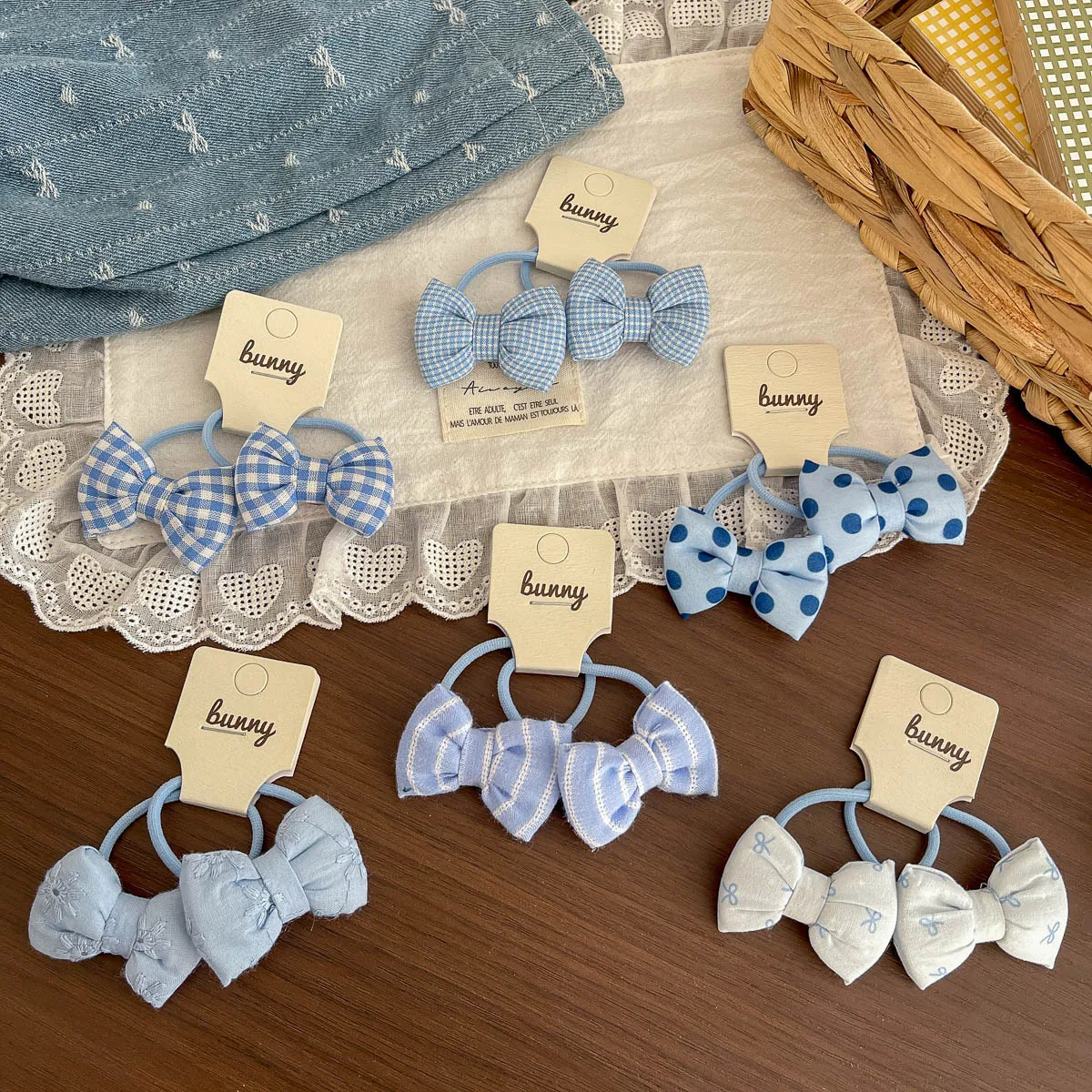 2pcs Blue Bow Children's Elastic Hair Band Sweet Girls Hair Rope Tie Ponytail Holder Rubber Band Kids Headwear Hair Accessories