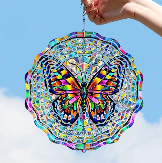 Stained-Glass-Style Butterfly Wind Chime with 360° Rotating Hooks -Vibrant Mosaic Iron Wind Spinner for Garden Decor
