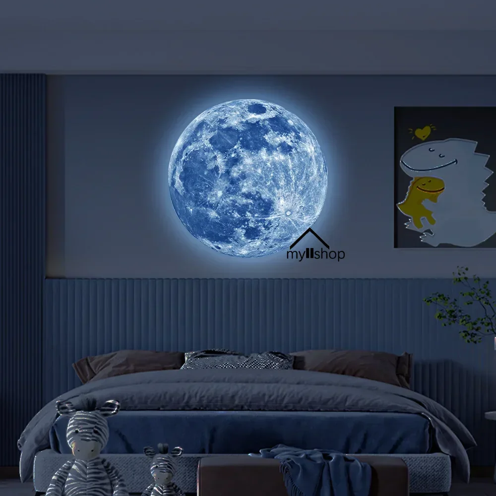 Estético 3d lua luminosa adesivo de parede brilho no escuro fluorescente adesivo pvc casa crianças quarto decalques decoração da parede papel de