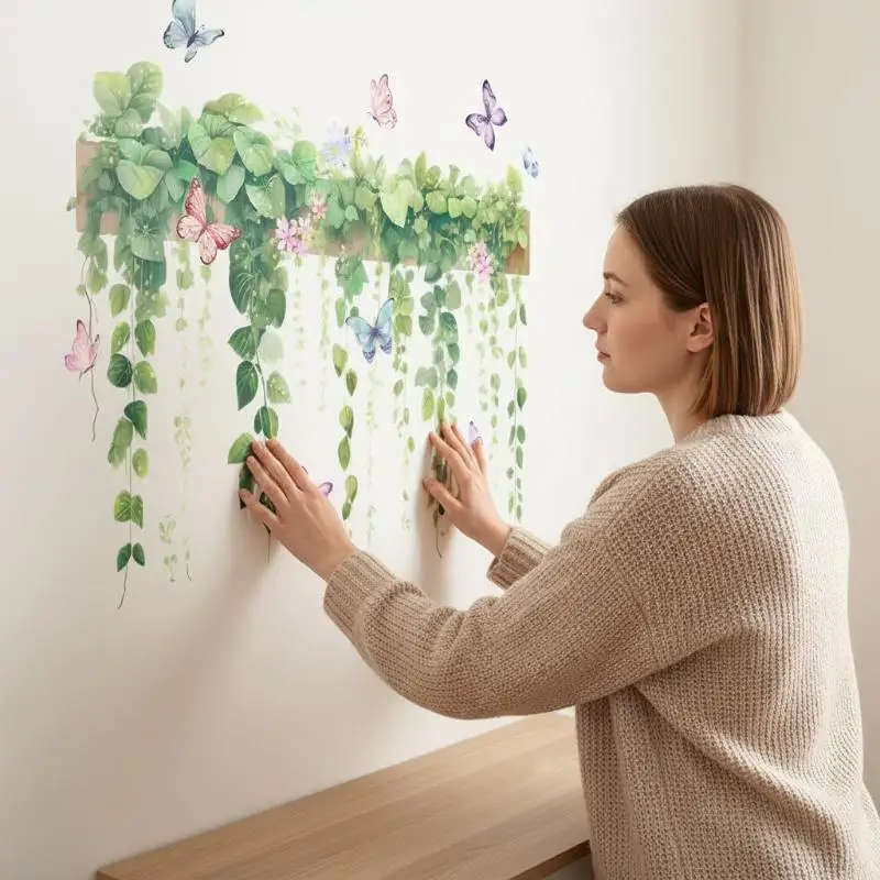 Green Vine Butterfly Wall Decals Self-Adhesive Easy to Install No Tools Needed for Home Wall Decoration