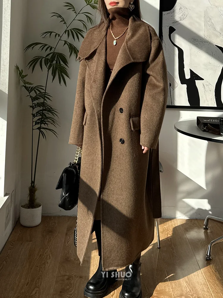 RosEvans Maillard Brown Long Stand-up Collar Wool Coat Women Double-sided Wool Cashmere Lace-up Wool Coatwool Coat Women 2023