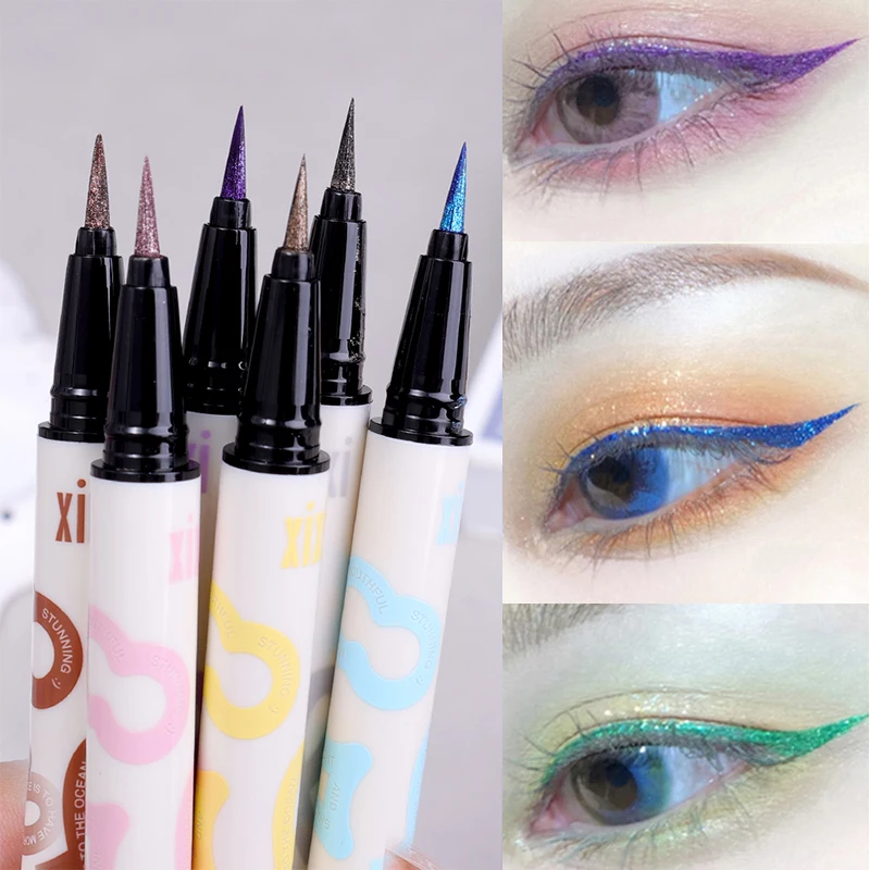 6 Farben dünner, perlmuttartiger Eyeliner-Flüssigkeitsstift, 3-in-1, glänzender Seidenraupen-Lidschattenstift, langlebig, glatt, glitzernd,