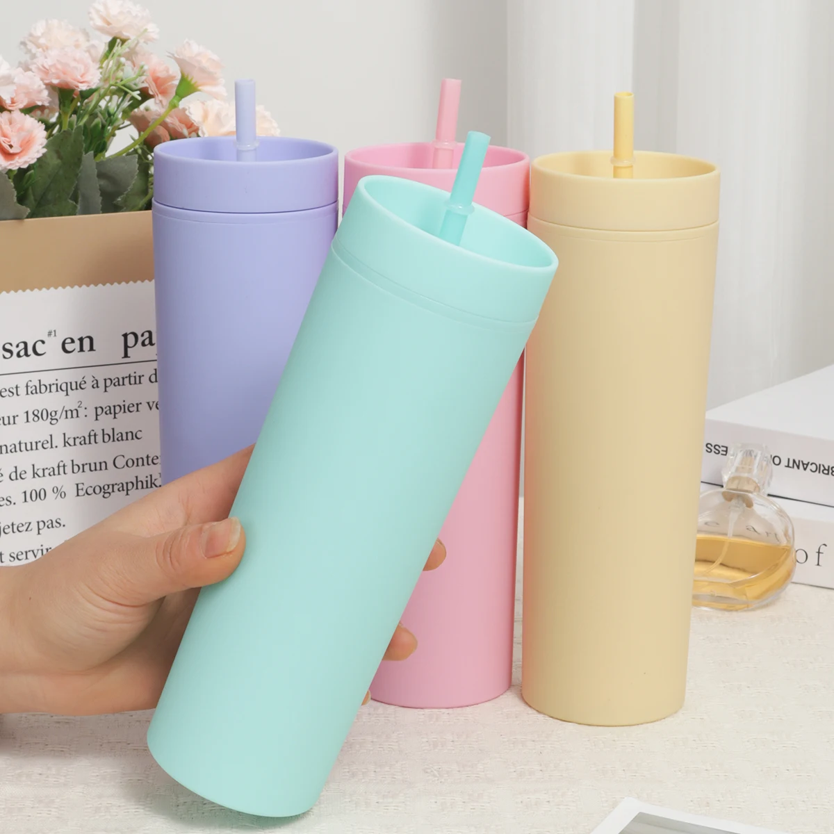 1pc Plastic Straw Cup Double-Layer Water Bottles Coffee Cup Reusable Hard Plastic Tumbler With Lid Drinkware Gift