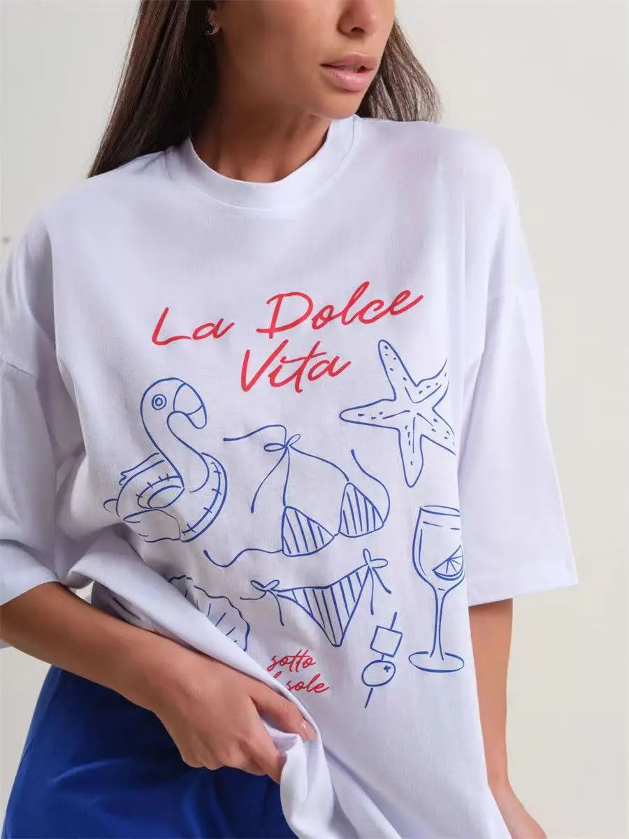 Italian Alphabet Vacation Fashion Printed Beach Style White Casual T-shirt for Women Short Sleeve Crew Neck Boho Tshirt Summer